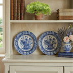 Antique Regency Spode blue pearlware plates pair displayed on living room shelf