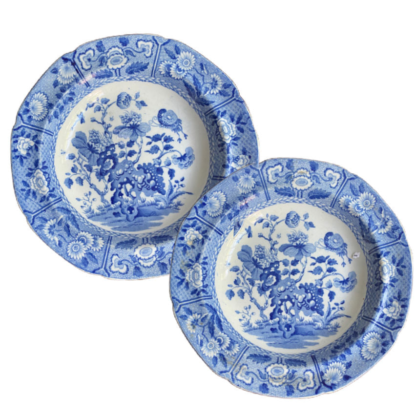 Antique Regency Spode blue pearlware plates pair circa 1820 England