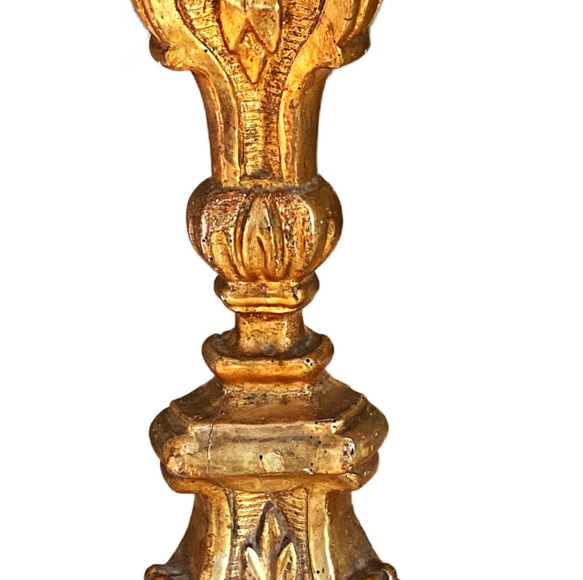 Large 19th-century French gilt altar candlesticks in complementary sizes with gilded fronts. Elegant and luminous, perfect for mantels or luxury interiors.