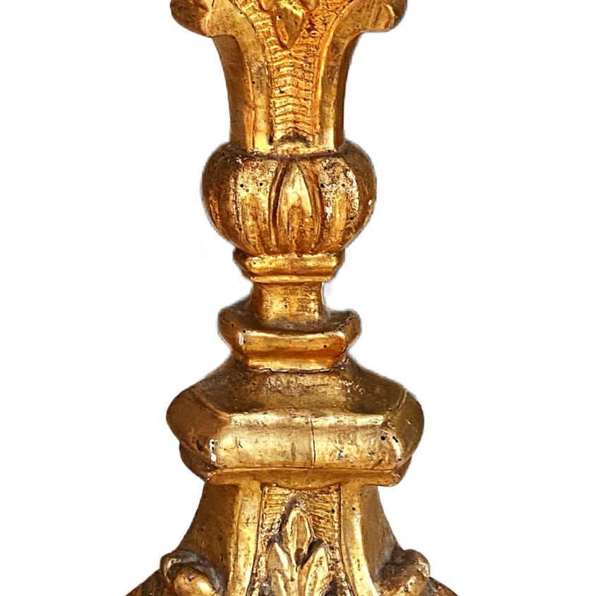 Large 19th-century French gilt altar candlesticks in complementary sizes with gilded fronts. Elegant and luminous, perfect for mantels or luxury interiors.