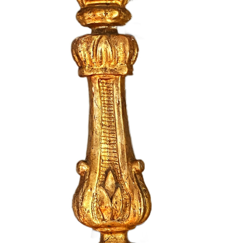 Large 19th-century French gilt altar candlesticks in complementary sizes with gilded fronts. Elegant and luminous, perfect for mantels or luxury interiors.