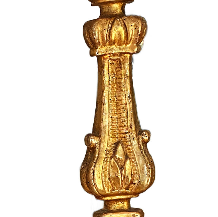 Large 19th-century French gilt altar candlesticks in complementary sizes with gilded fronts. Elegant and luminous, perfect for mantels or luxury interiors.