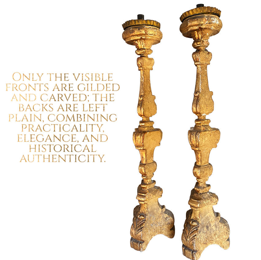 19th century, antique French, gilt candlesticks, altar candlesticks, large pair, complementary sizes, French gilded, mantel decor, collectible, luxury antique, French antiques, objet d’art, religious decor, elegant home decor