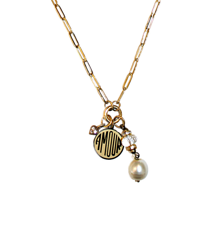 Parisian Atelier Amour French Water Pearl Charm Necklace in Gold