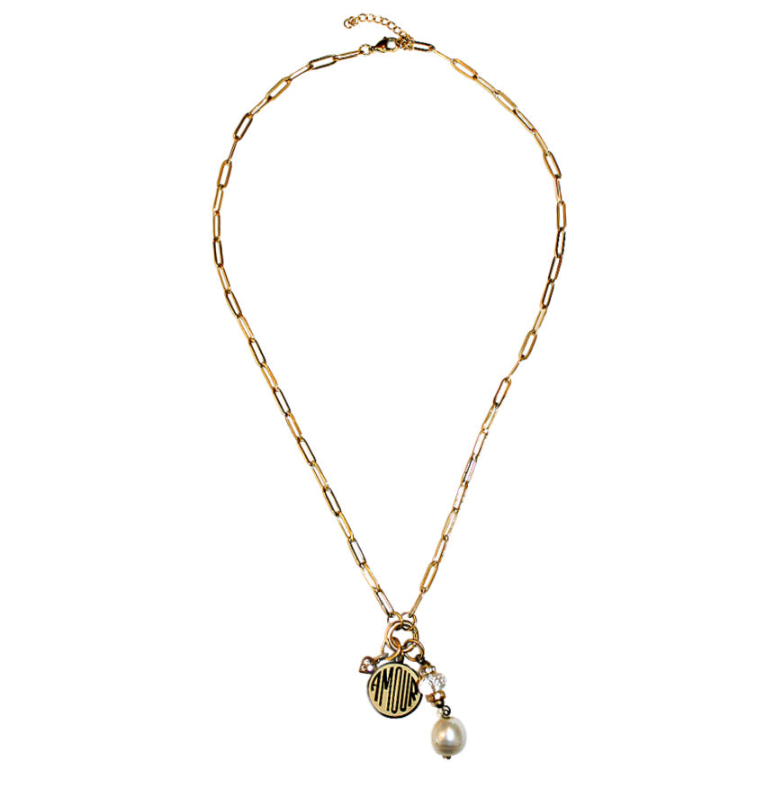 Parisian Atelier Amour French Water Pearl Charm Necklace in Gold