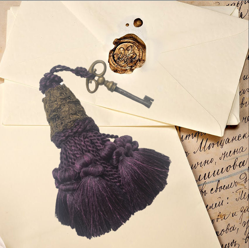 Parisian atelier purple tassel with antique French key, rich woven threads and authentic patina—an elegant French décor accent for styling and collecting.