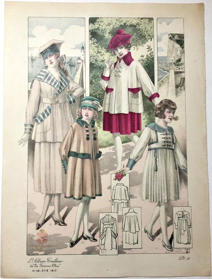 Antique French Hand Colored Fashion Print Lithograph Summer