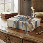 Antique French desk with gray frayed velvet ribbon and miniature bouquet gift wrapping set