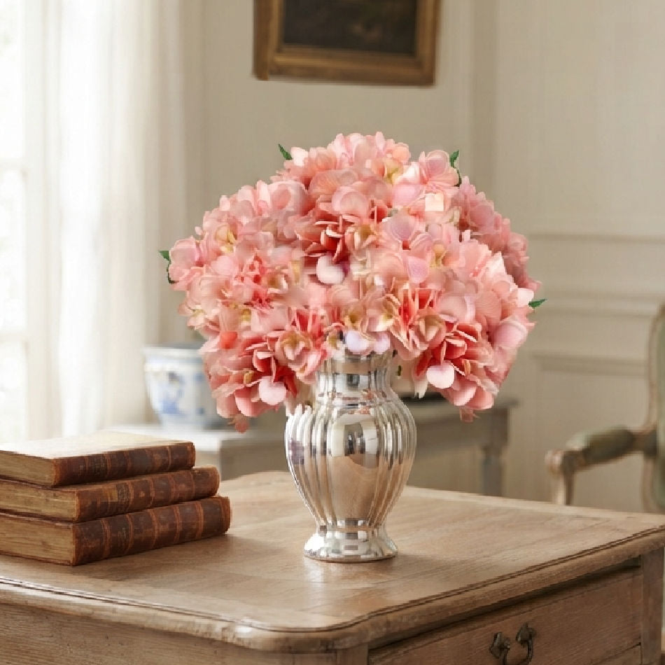 Parisian Florist two-toned pink hydrangea stems in antique French silver vase