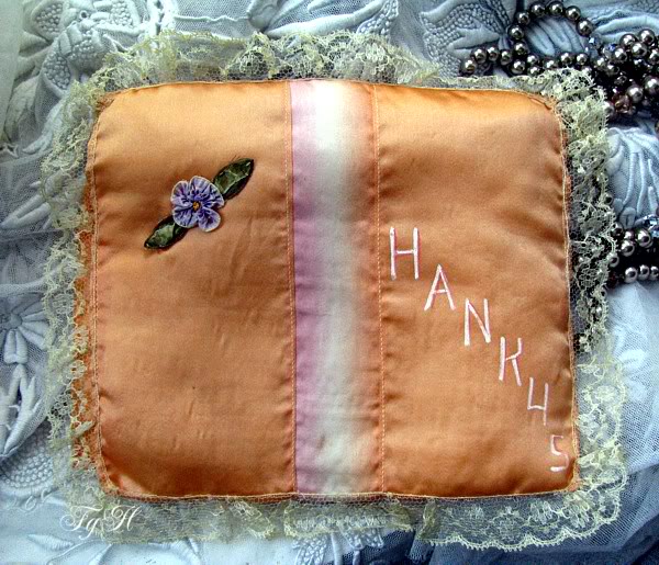 Antique Silk Ribbon Hanky Case Ribbon Work Flower &amp; Lace