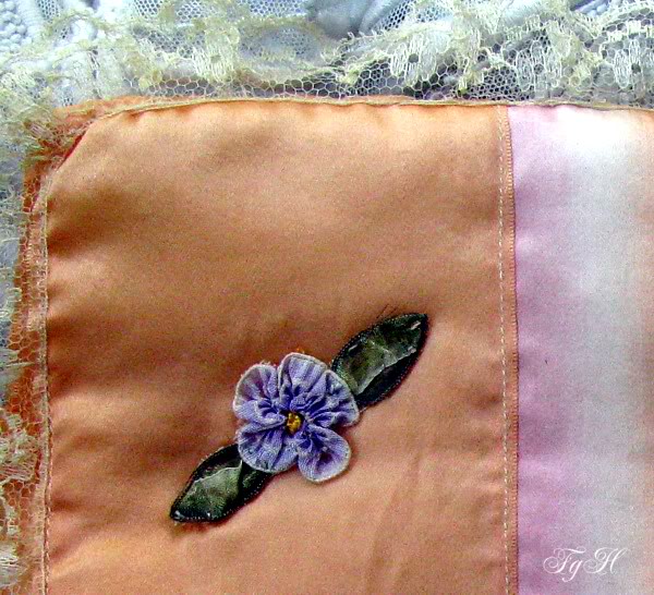 Antique Silk Ribbon Hanky Case Ribbon Work Flower &amp; Lace