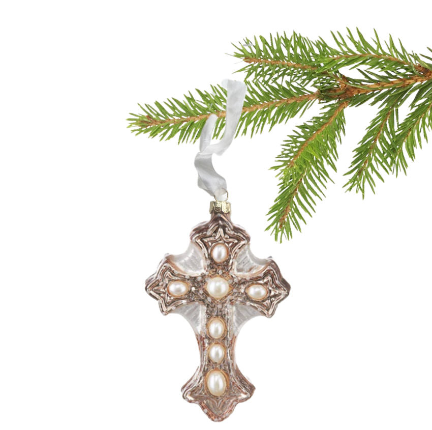 Elegant Pearl Gold Cross Glass Ornament with raised baroque details and luminous pearls. Hand-blown holiday décor that adds timeless beauty to any Christmas tree.