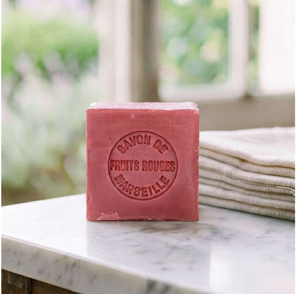 Petite Marseille Cube Soap - Fruits Rouges in a French bathroom with linen towels