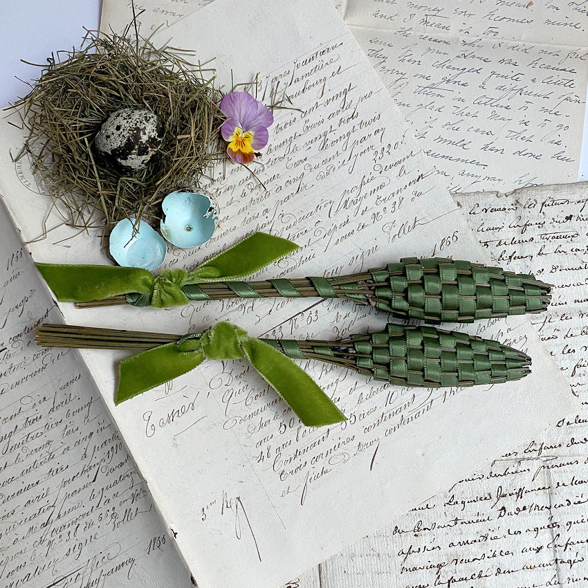 French lavender sachet wands for linens and drawers on antique French letters and nests and pansies
