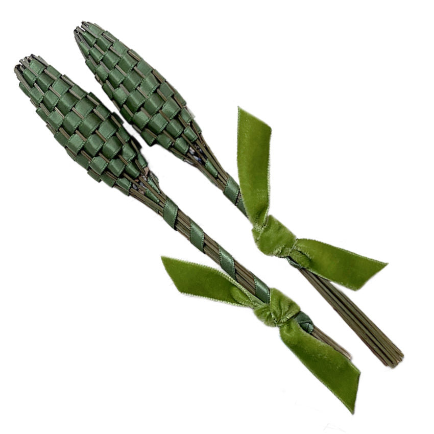 Handwoven French lavender wands with green meadow colored velvet ribbons
