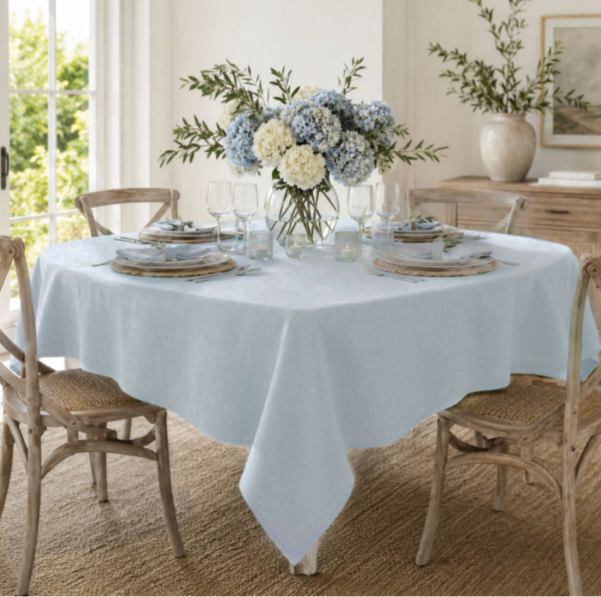 Pom Pom at home Blue Green Linen Tablecloth for coastal style dining room with hydrangeas