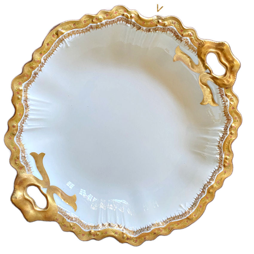 Antique Jean Pouyat Limoges Gilt Serving Bowl with Bow Handles