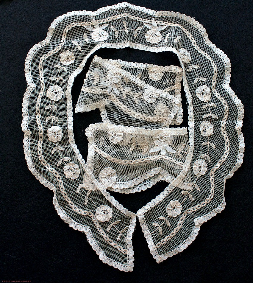 Antique hand made Princess lace collar and cuff set with floral patterns, primarily in gray and black colors.