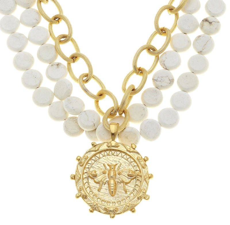 Susan Shaw large Gold Bee Necklace detail with white turquoise