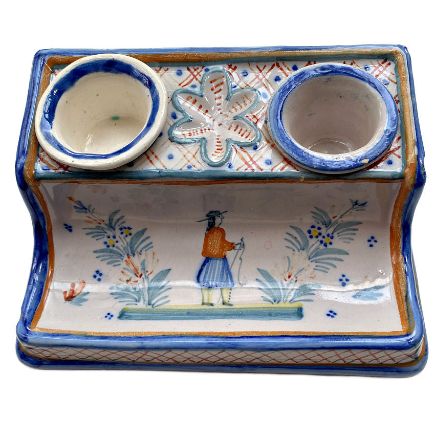 Quimper Hand Painted & Signed Inkwell & Pen Holder, Brittany, France