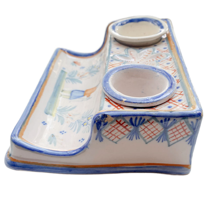 Quimper Hand Painted & Signed Inkwell & Pen Holder, Brittany, France