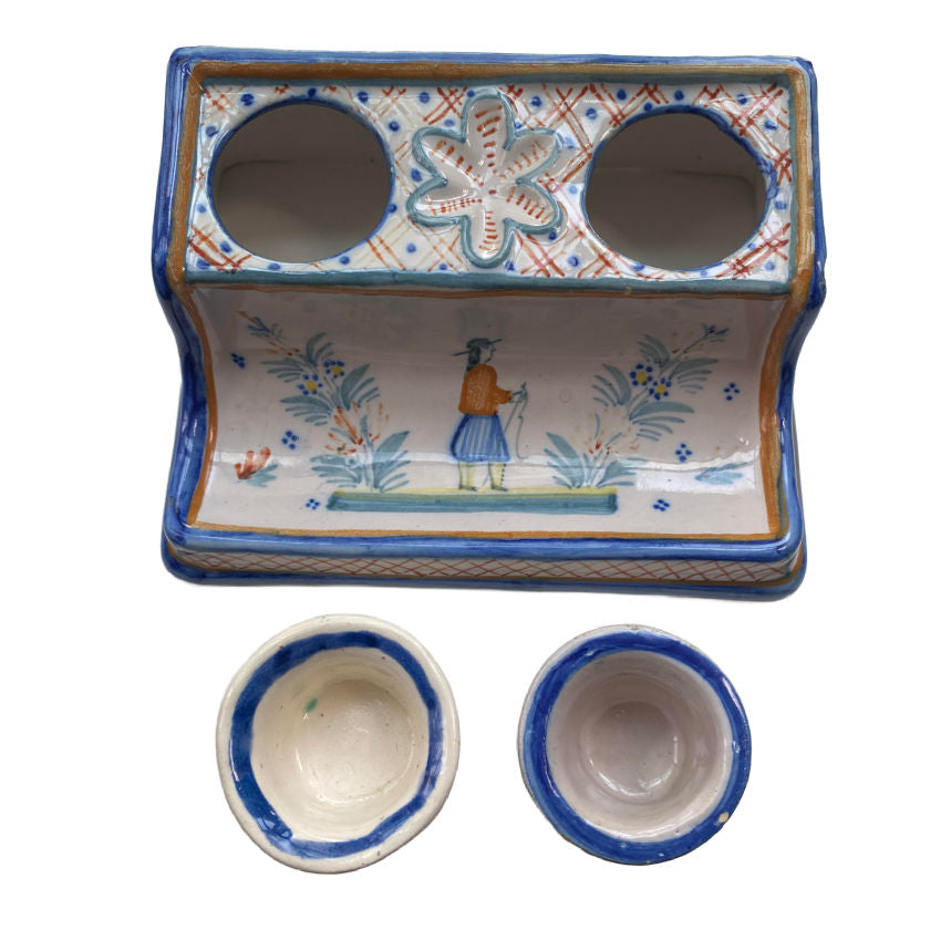 Quimper Hand Painted & Signed Inkwell & Pen Holder, Brittany, France