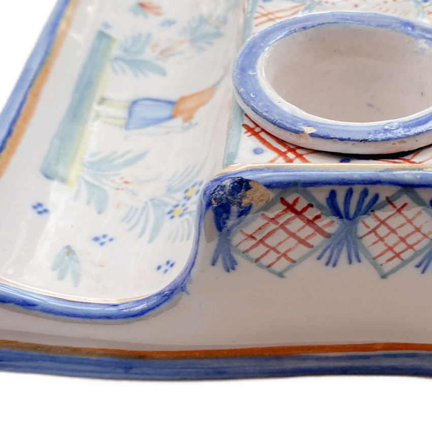 Quimper Hand Painted & Signed Inkwell & Pen Holder, Brittany, France