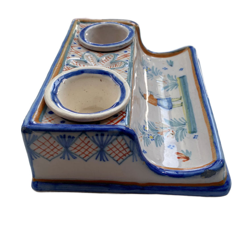 Quimper Hand Painted & Signed Inkwell & Pen Holder, Brittany, France