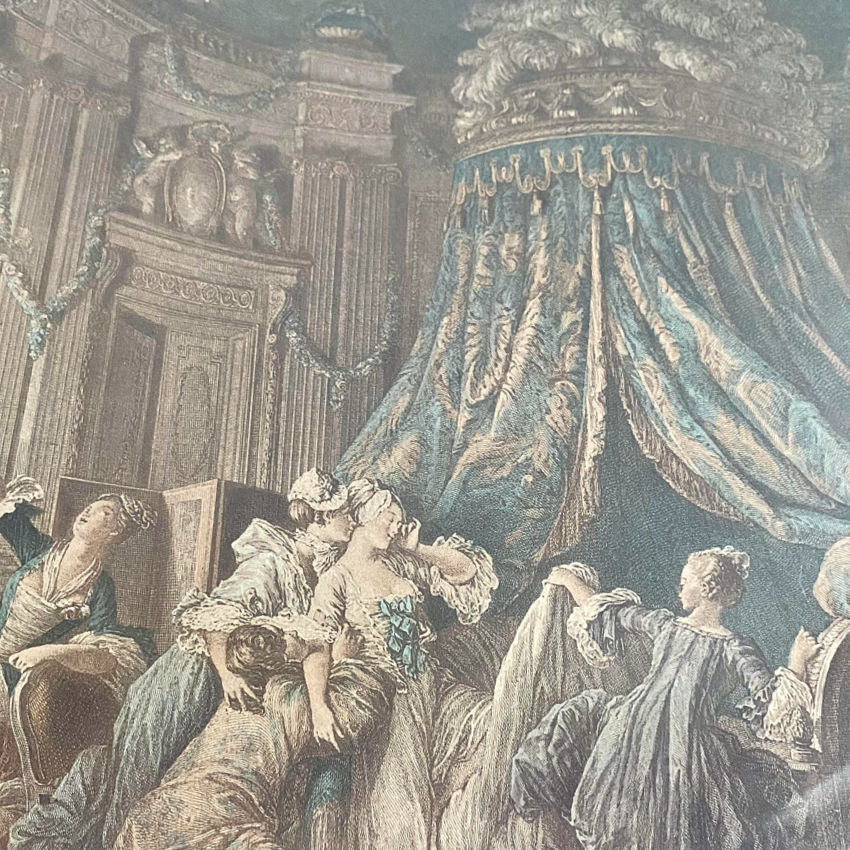 18th century French print of a rococo marriage bed, in a silver ornate frame