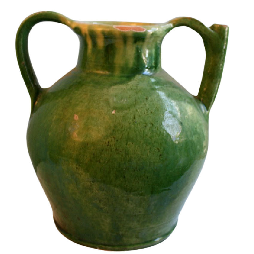 Large Antique French Cruche Orjol or Water Jug with Rare Green Glaze