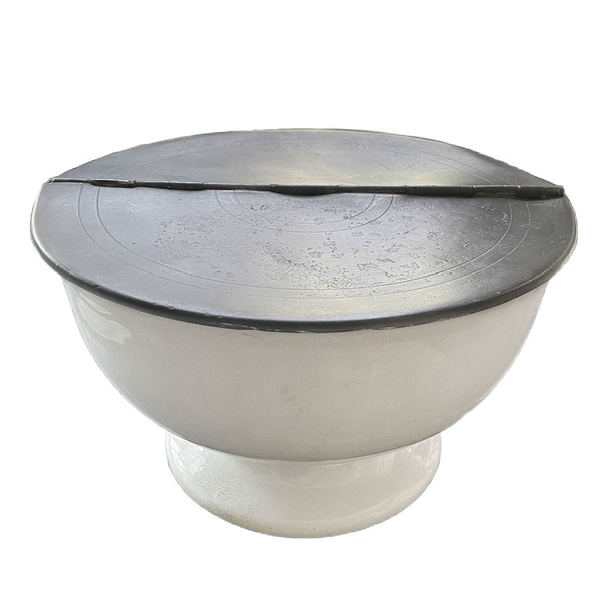 Antique ironstone double serving bowl with original metal lid