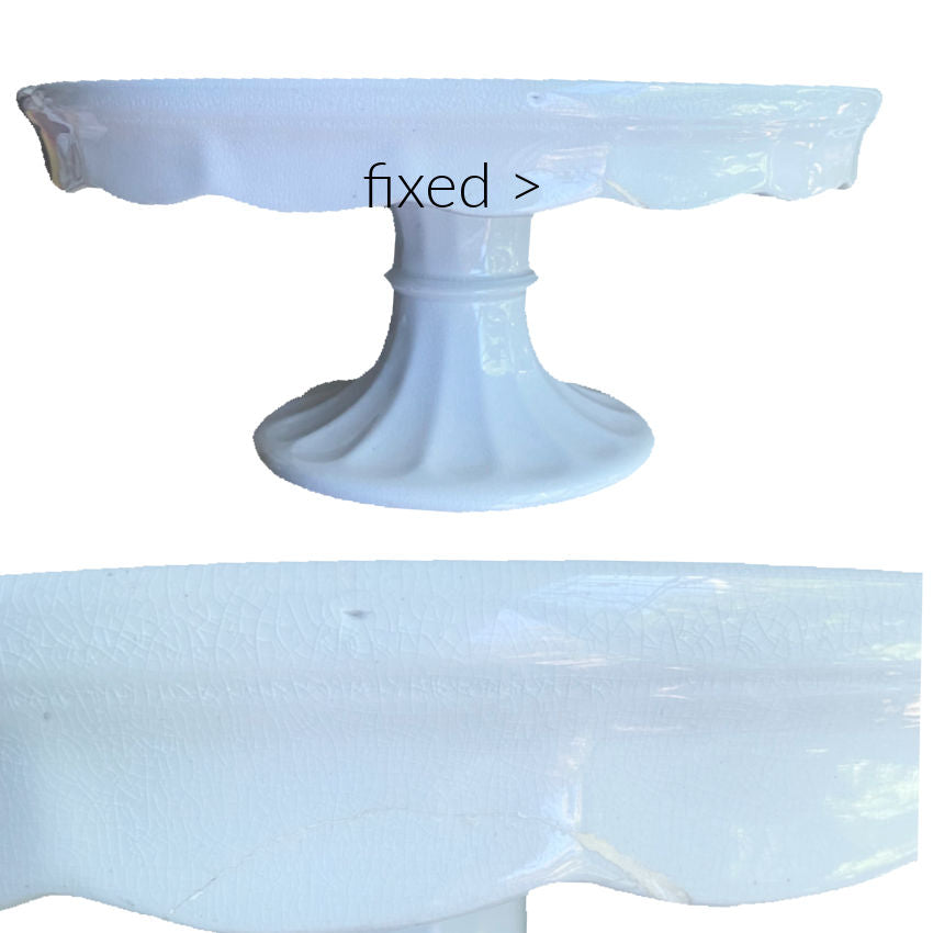 Antique English ironstone cake stand with graceful pedestal base , rare collector scalloped 