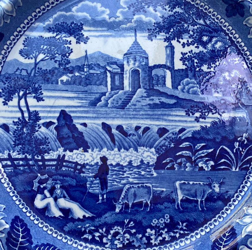 Early 19th Century Blue Staffordshire outlet Plate W/ Village Scene