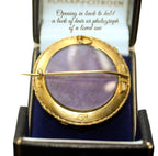 Rare 19th century antique mourning brooch with sculptural fern motif, likely gold filled or rolled gold, with celluloid back compartment to hold a lock of hair.