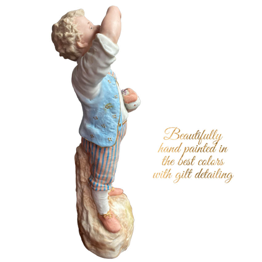 Rare matched pair of antique Gebrüder Heubach bisque figurines of a girl and boy enjoying sweets. Exquisite German craftsmanship, circa 1900.