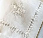 hand-embroidered white monogram KW or WK antique French linen napkin