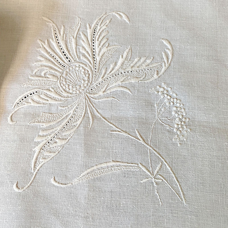 large hand-embroidered floral motif with hydrangea corner 19th century French linen