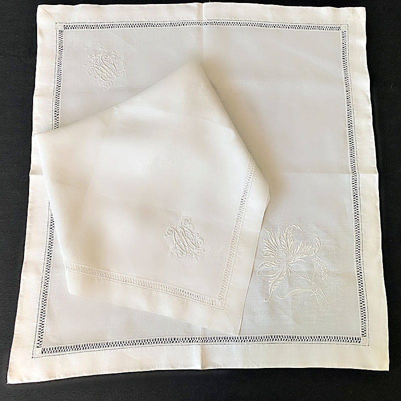 Exceptional 19th Century Hand Embroidered Linen Napkins Set of 2