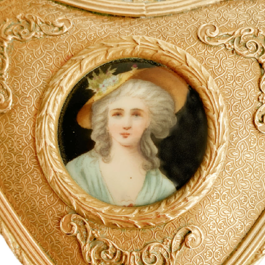 Antique French Gilt Heart Jewelry Casket with Limoges Portrait – Collectible Keepsake Box with hand painted portait of woman Marie Antoinette