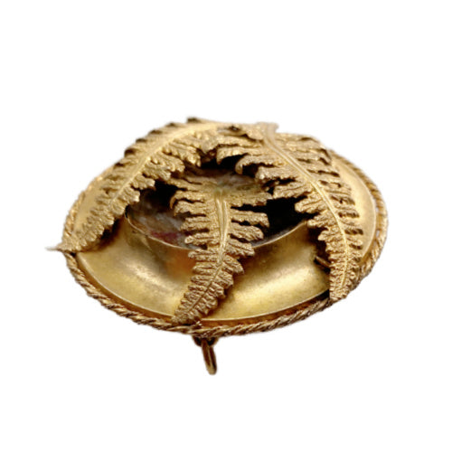 Rare 19th century antique mourning brooch with sculptural fern motif, crafted in high-carat gold with original celluloid keepsake compartment.