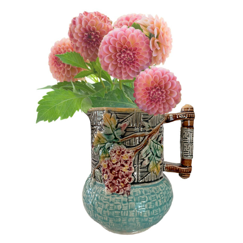 Rare Antique Aesthetic Movement Turquoise Apple Blossom Majolica Pitcher