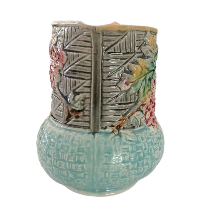 Rare Antique Aesthetic Movement Turquoise Apple Blossom Majolica Pitcher