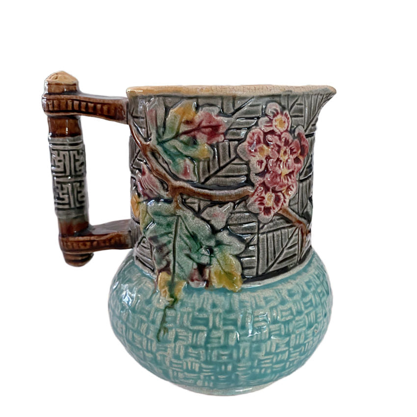 Rare Antique Aesthetic Movement Turquoise Apple Blossom Majolica Pitcher