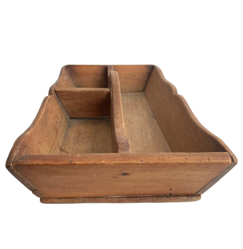Antique country wooden ladies long kitchen work box with rare elongated form, original dividers and rich patina. A charming early utilitarian piece.