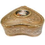 Antique French Gilt Heart Jewelry Casket with Limoges Portrait – Collectible Keepsake Box- hinges in back