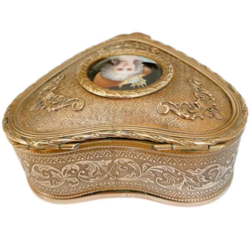 Antique French Gilt Heart Jewelry Casket with Limoges Portrait – Collectible Keepsake Box- hinges in back