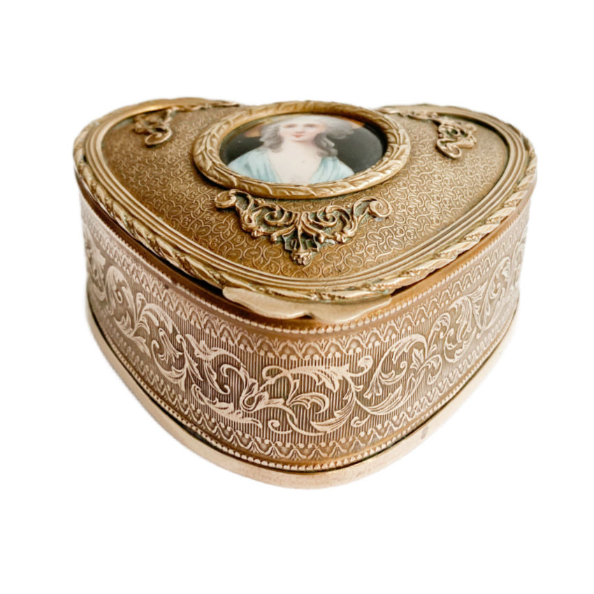 Rare Antique French Heart-Shaped Gilt Jewelry Casket with Hand-Painted Limoges Portrait front with closure