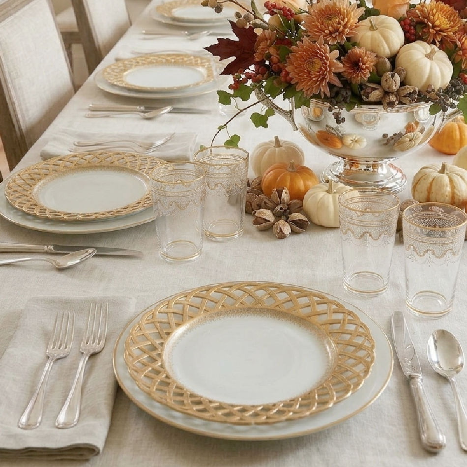 Antique French Pillivuyt gilt plates on French linen tablecloth in an elegant holiday table setting
