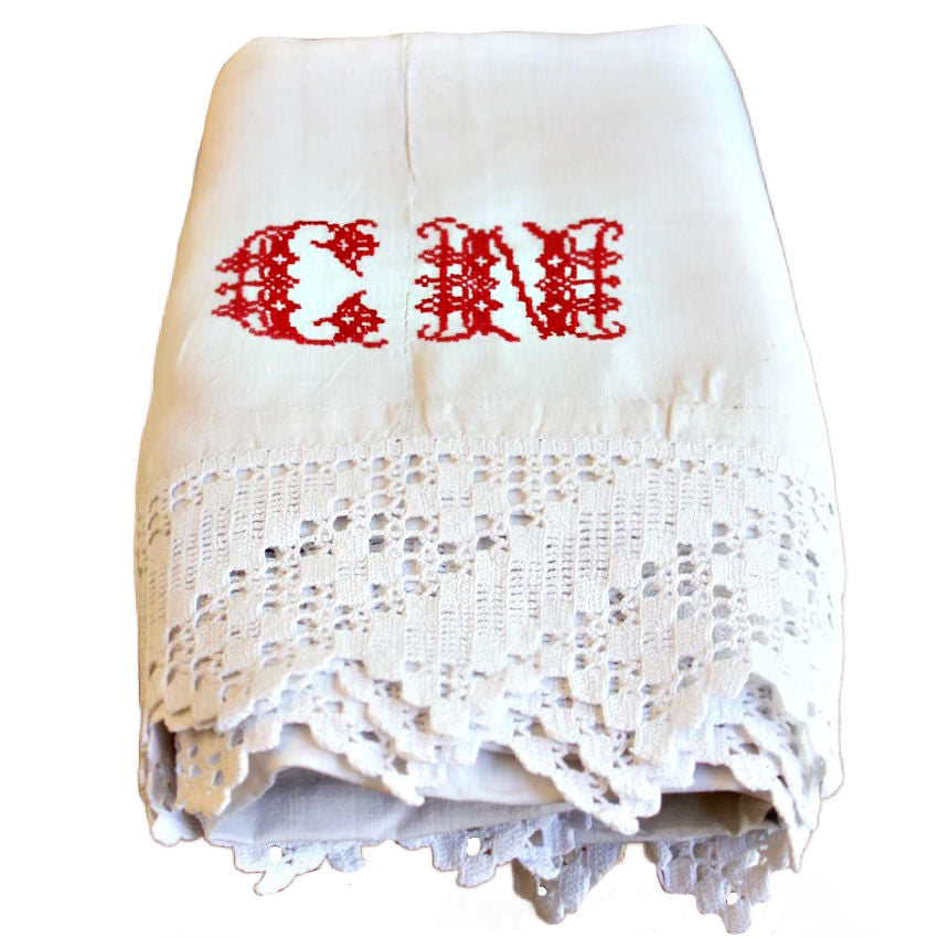 Antique French White Métis Linen Sheet with Red Hand-Embroidered