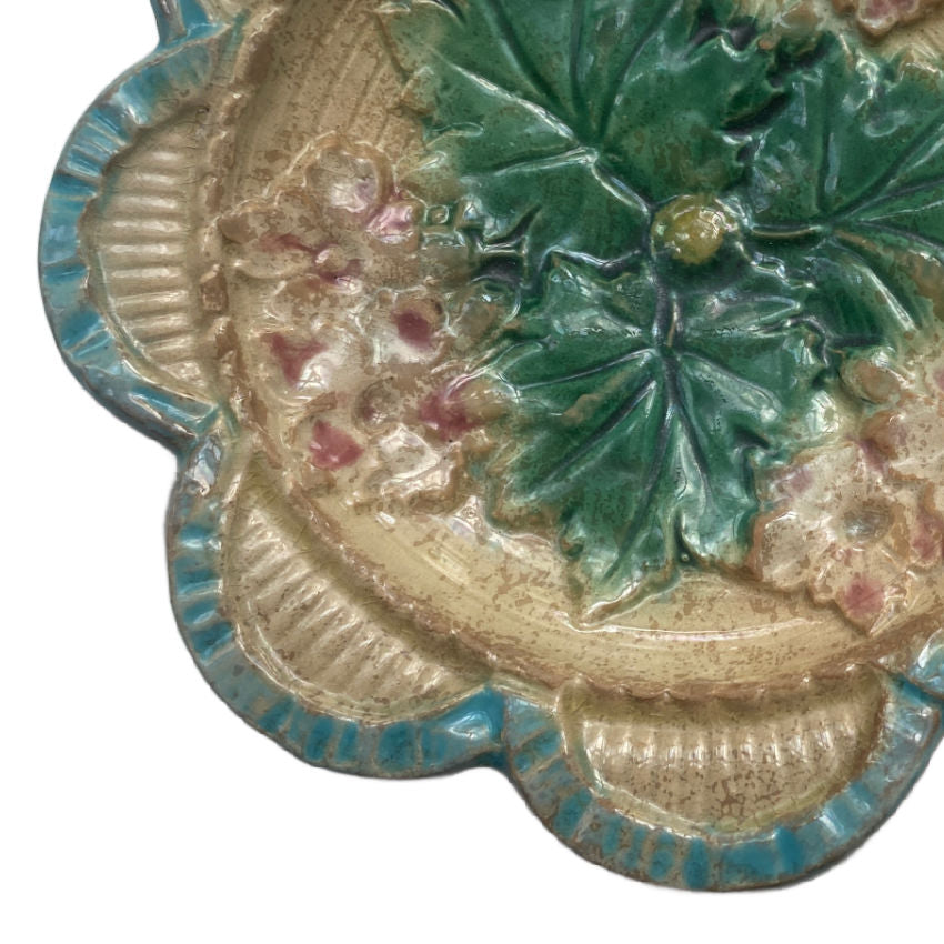 Rare Antique Majolica Leaf and Floral Scalloped Plate